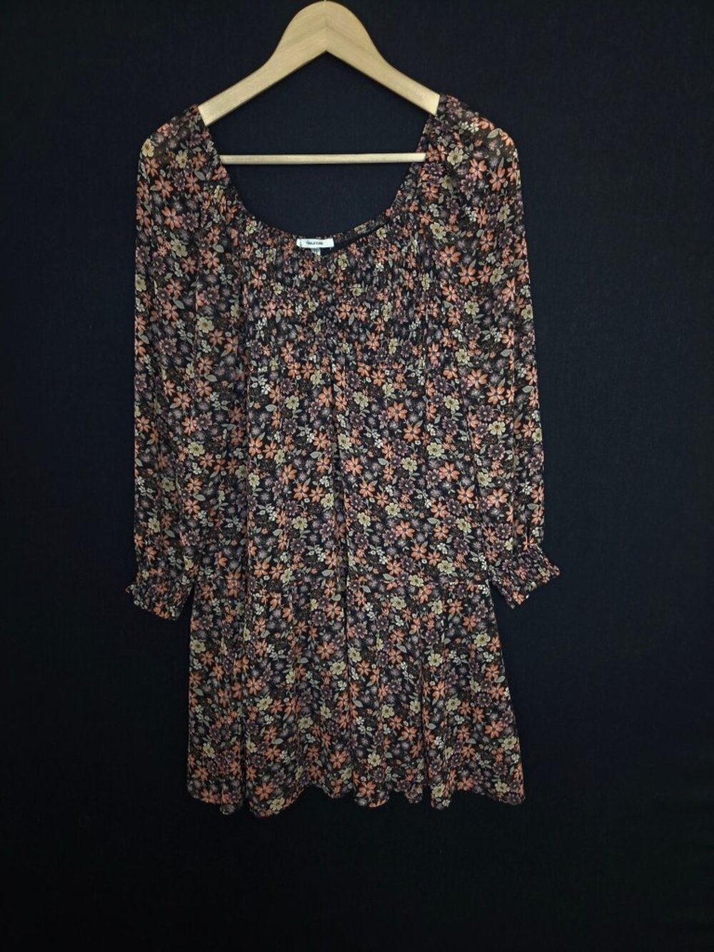 💙 Maurices Black Floral Smocked Babydoll Mini Dress Size M Long Sleeve Cottage